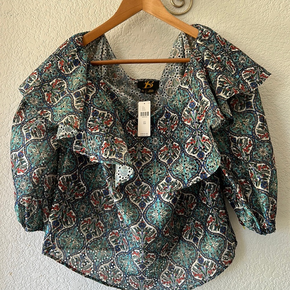 Anthropologie Sachi & Babi Eyelet Ruffle Off The Shoulder 3/4 Ballon Sleeve Bojo